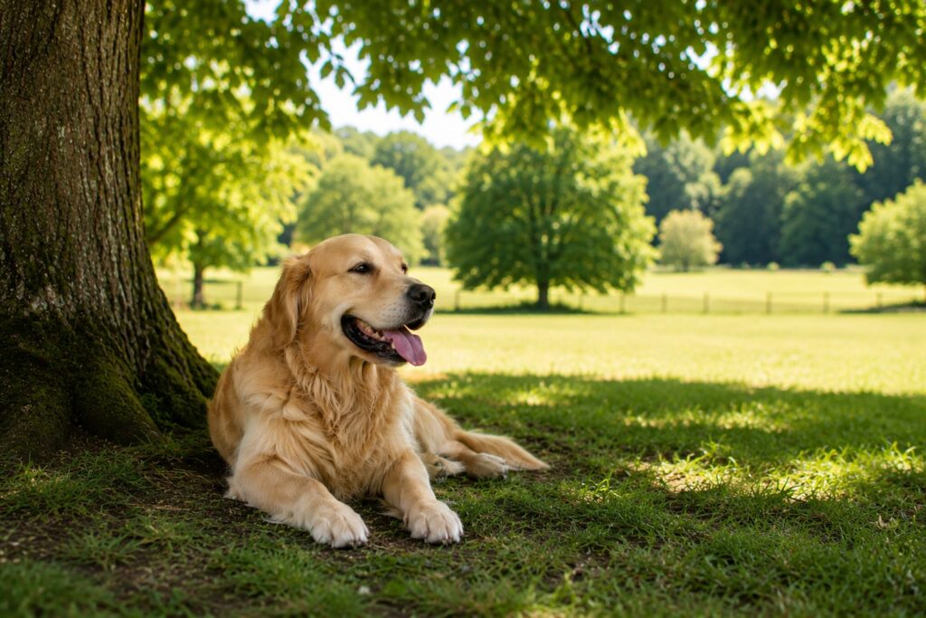 Golden Retriever resting in shade during hot summer weather